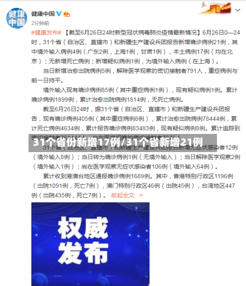 31个省份新增17例/31个省新增21例
